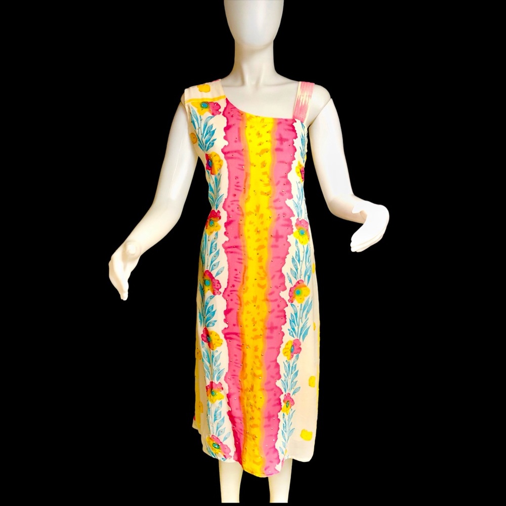 VTG. Handmade BOHO Midi Beach Caftan Coverup Dress w Flowers & Sparkles S/M
